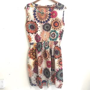 Round neck aboriginal print sleeveless midi dress